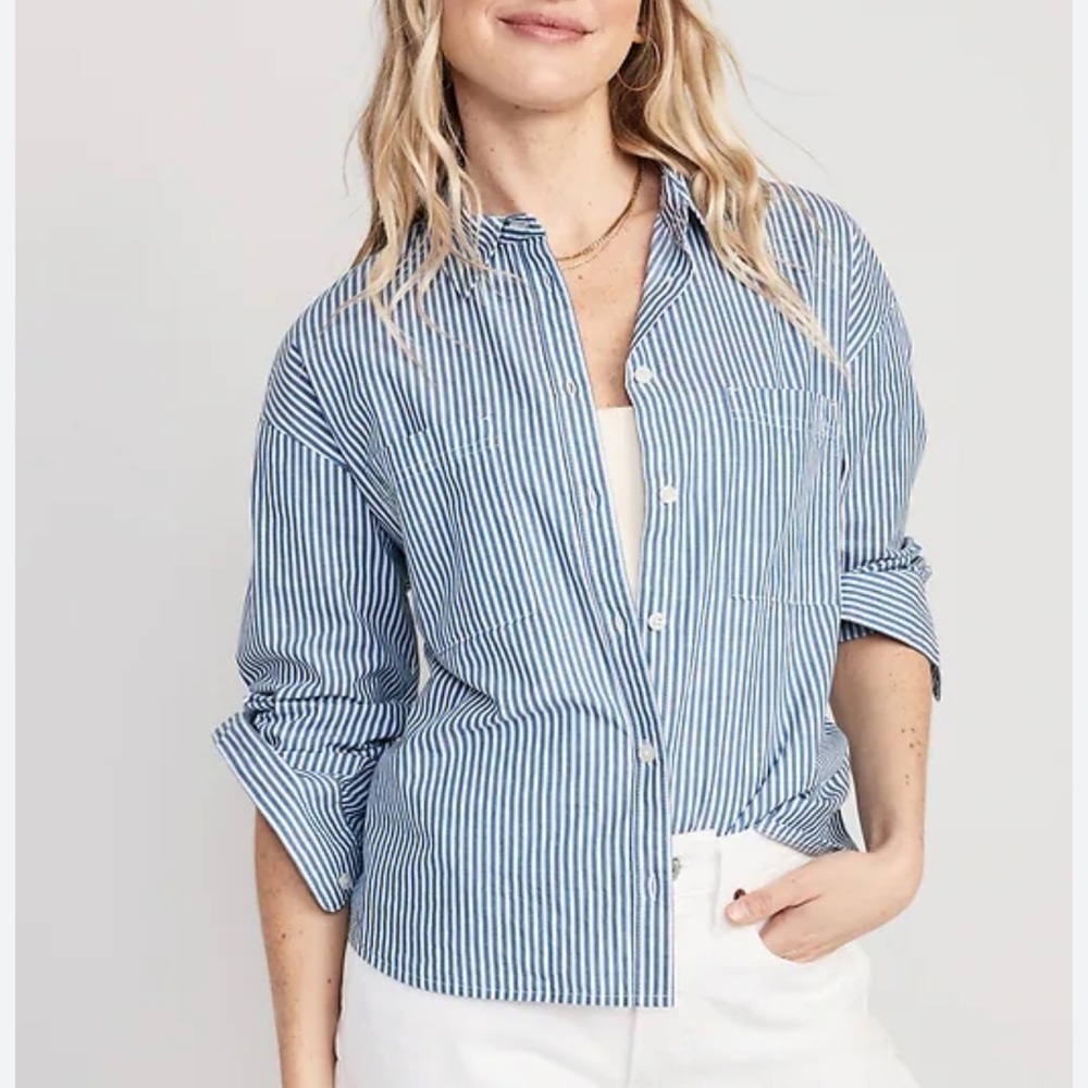 Old Navy utility boyfriend stripe blue railroad crop button down ladies top XXL